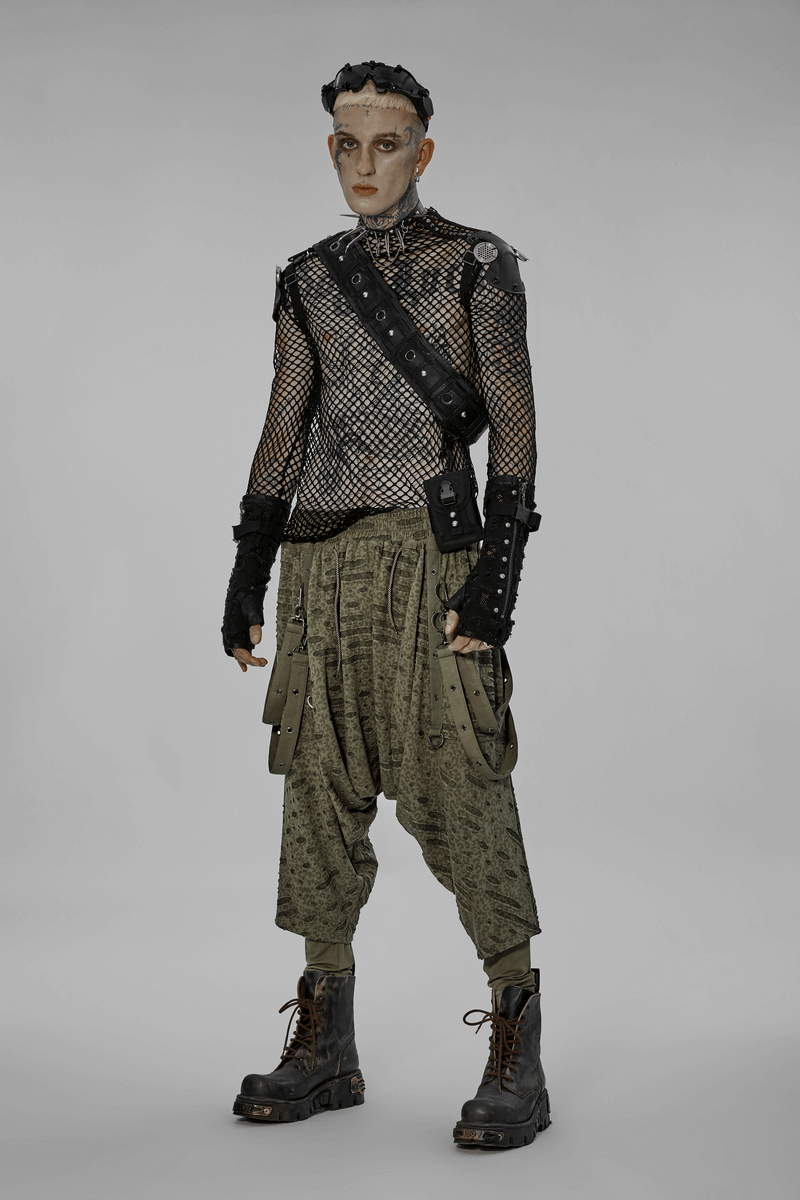 Urban Gothic Harem Pants styled with a mesh top, showcasing an edgy avant-garde fashion vibe.