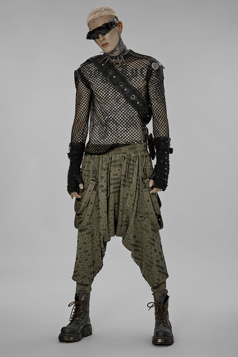Edgy model showcasing Urban Gothic Harem Pants with detachable straps and a punk-inspired outfit.