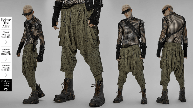 Urban Gothic harem pants with detachable straps, featuring loose crotch design and edgy style for avant-garde fashion.