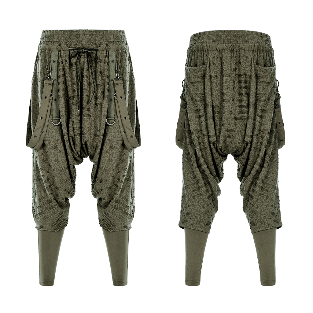 Urban Gothic harem pants with detachable straps, featuring a dark loose design and elastic waist for a stylish fit.