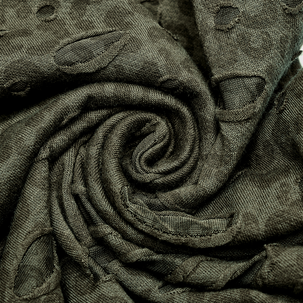 Close-up of dark, elastic knitted fabric with holes, perfect for edgy Urban Gothic Harem Pants.