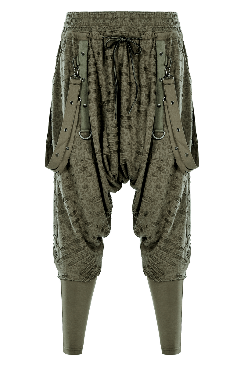 Urban Gothic harem pants with detachable straps in dark green, featuring a loose crotch and elastic drawcord waist for a perfect fit.
