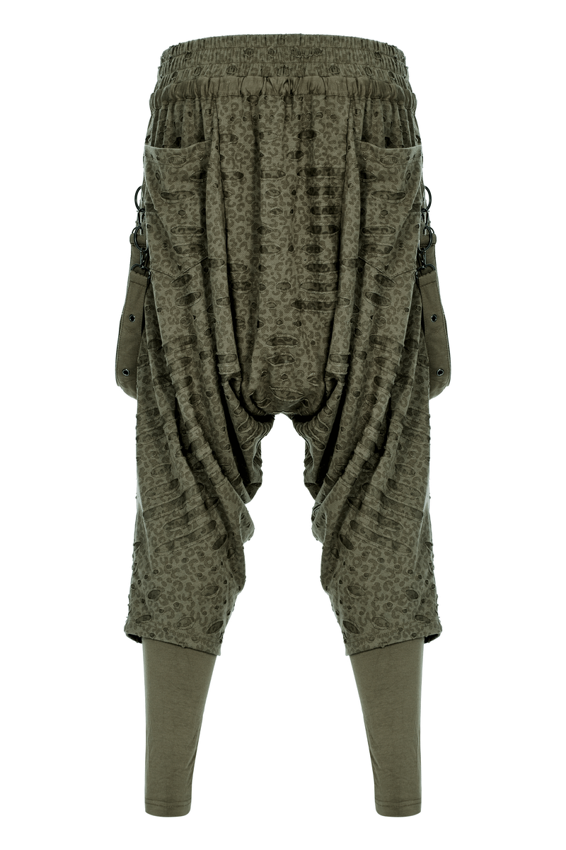 Urban Gothic harem pants with detachable straps, featuring an elastic waist and loose crotch design for ultimate style.