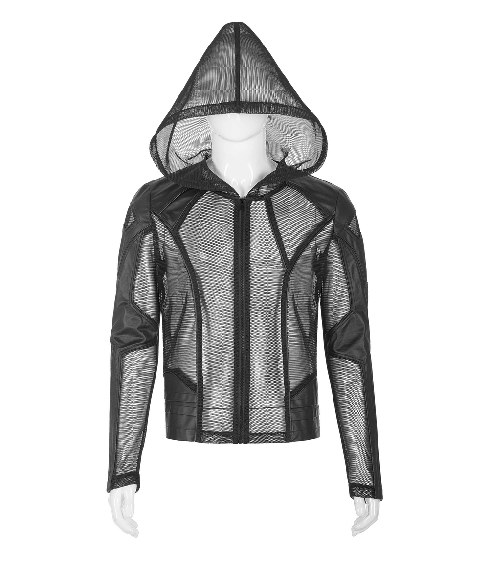 Urban Gothic Mesh Leather Zip Hoodie for Men featuring a striking mesh design and a stylish hood.