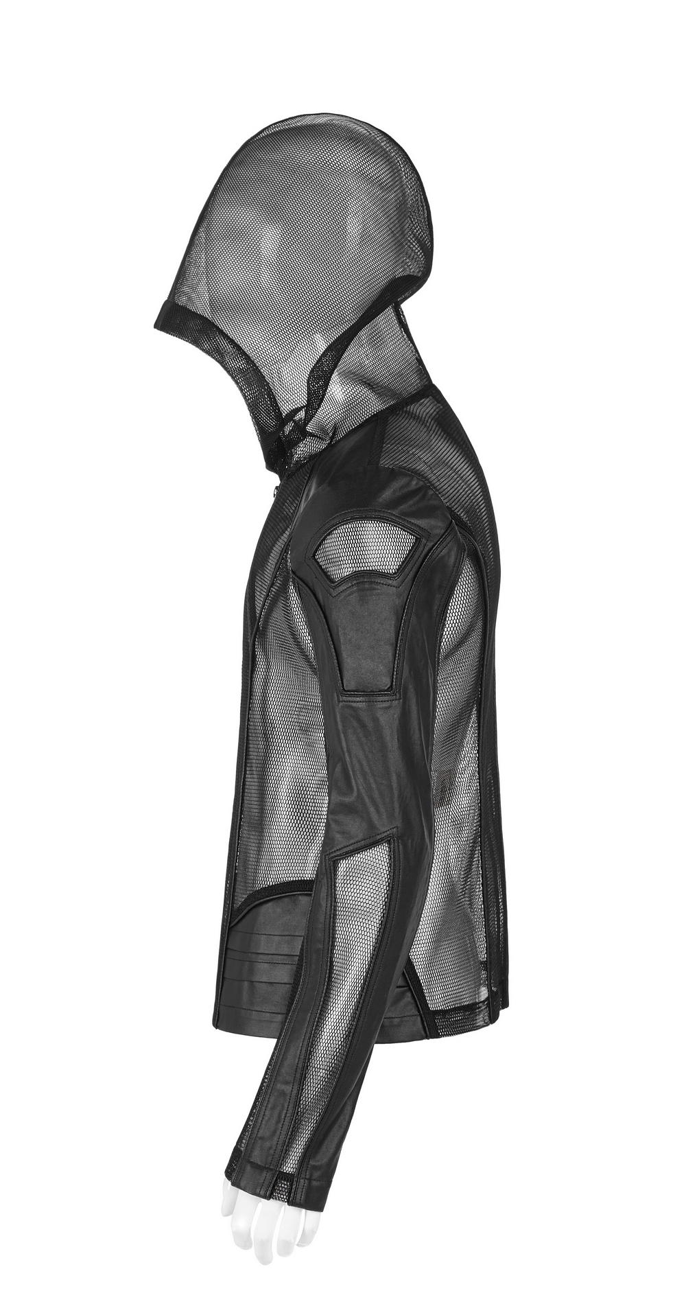 Urban Gothic Mesh Leather Zip Hoodie for Men with unique hood design and edgy silhouette.