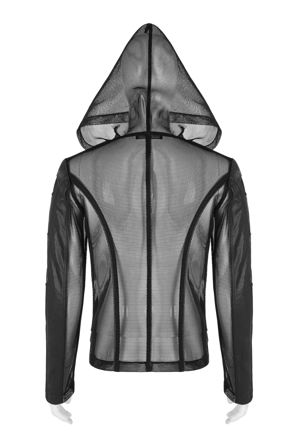 Back view of Urban Gothic mesh leather zip hoodie for men, featuring unique mesh design and hood.