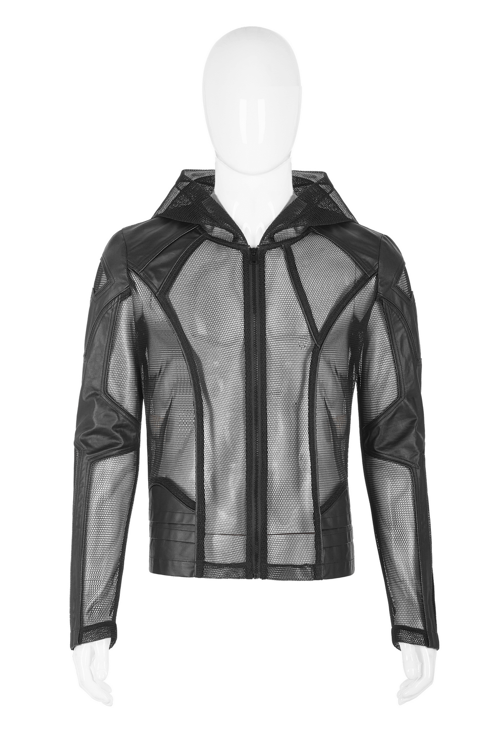 Urban Gothic Mesh Leather Zip Hoodie for Men with cutting-edge punk design and asymmetric leather details.