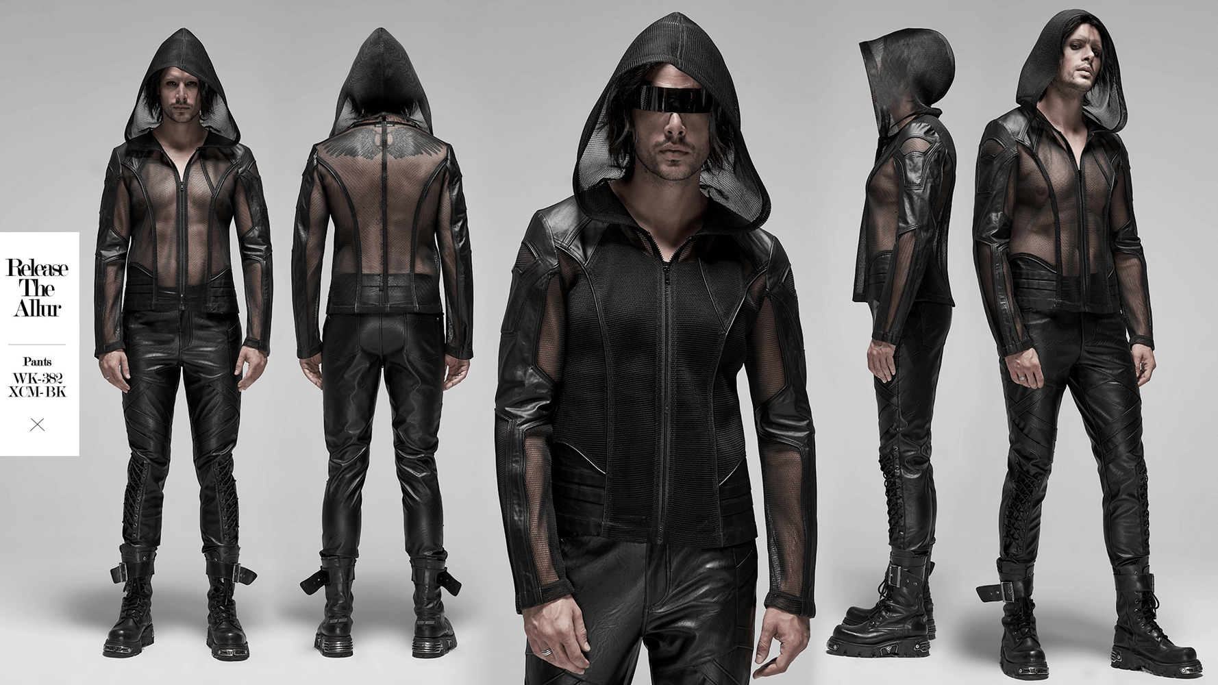Urban Gothic mesh leather zip hoodie for men showcasing avant-garde punk style with asymmetric design and striking accents.