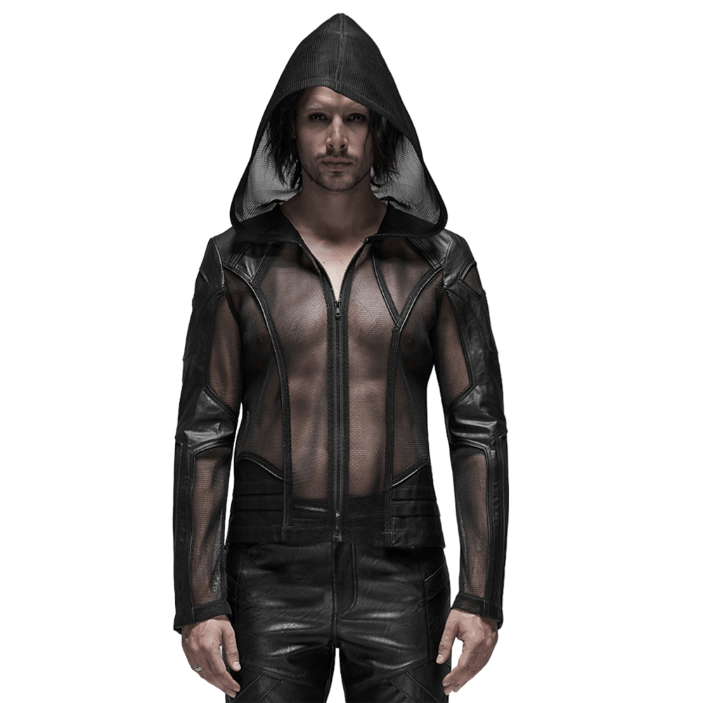 Urban Gothic Mesh Leather Zip Hoodie for Men, blending mesh and leather for a bold, avant-garde style.