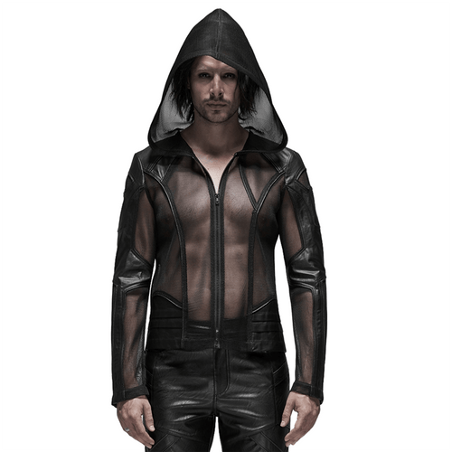 Urban Gothic Mesh Leather Zip Hoodie for Men