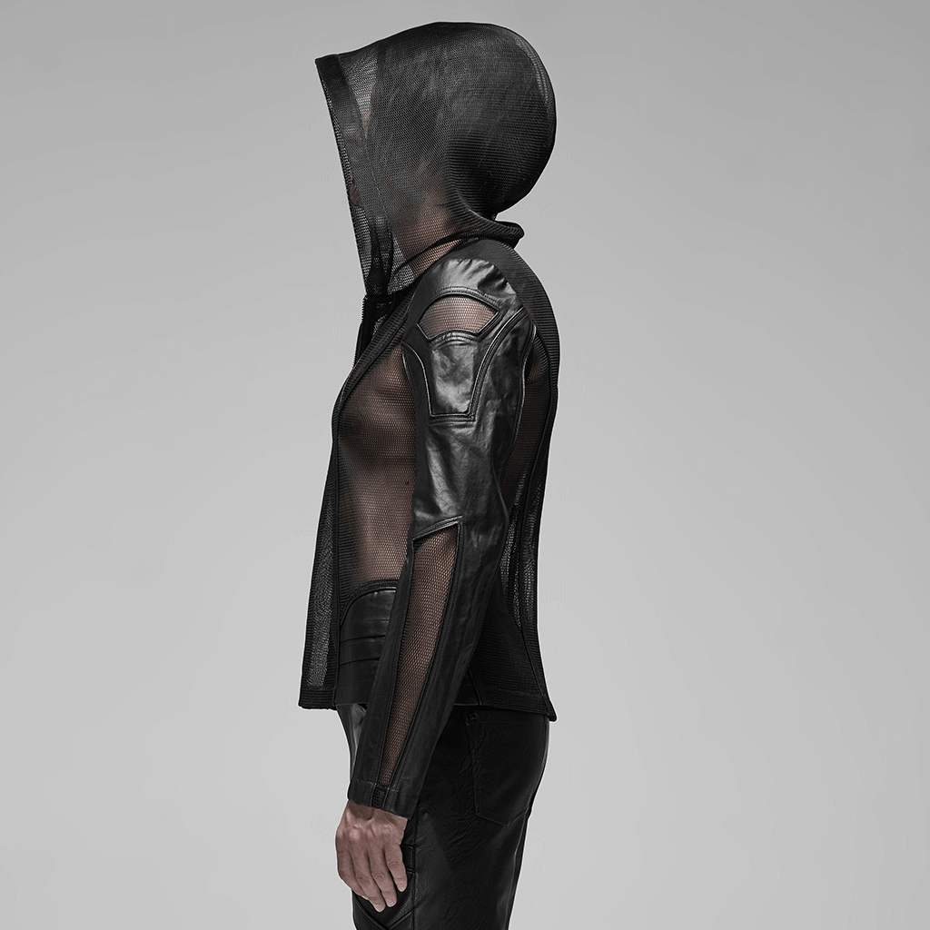 Side view of Urban Gothic Mesh Leather Zip Hoodie for men, showcasing edgy design and unique mesh-leather blend.