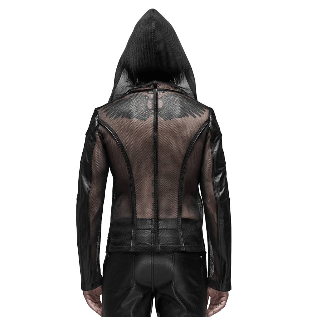 Back view of Urban Gothic Mesh Leather Zip Hoodie showcasing mesh and leather details with a unique hood design.