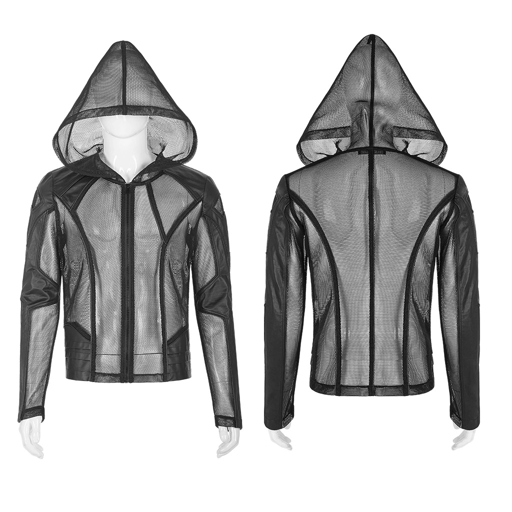 Urban Gothic Mesh Leather Zip Hoodie for Men showing front and back views with hood, sleek design and cutting-edge urban style.