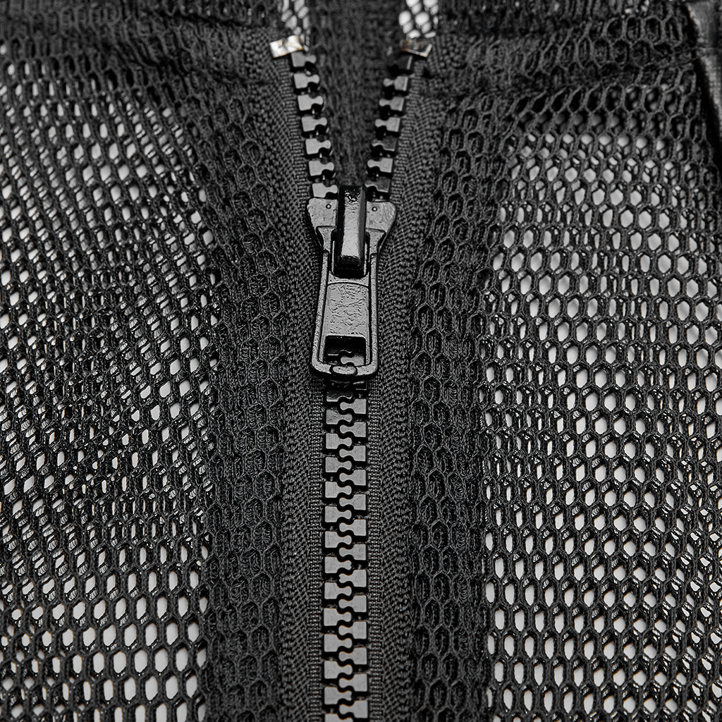 Close-up of the front zipper on a stylish Urban Gothic Mesh Hoodie, showcasing its edgy design and mesh fabric.