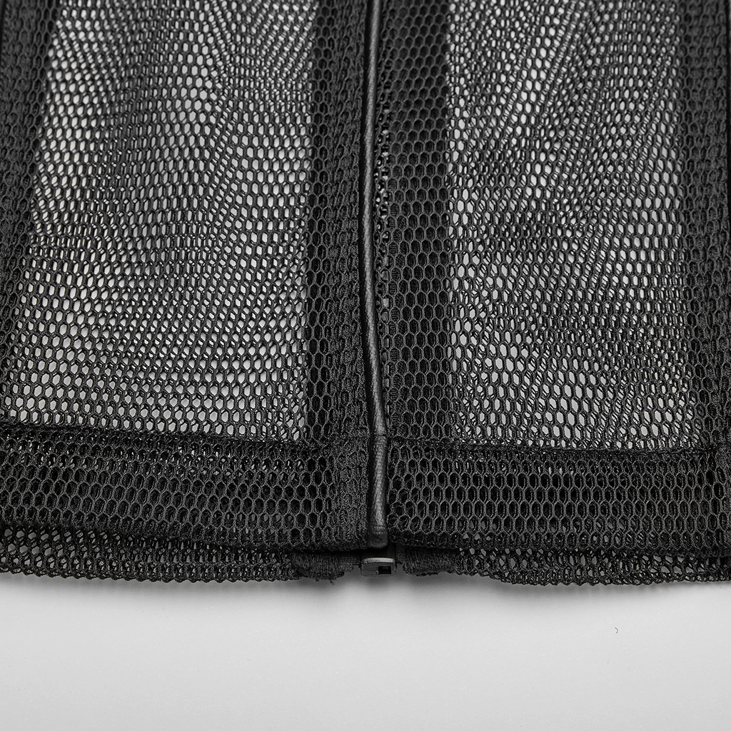 Close-up of the Urban Gothic Mesh Leather Zip Hoodie showing the mesh fabric and zipper detail.