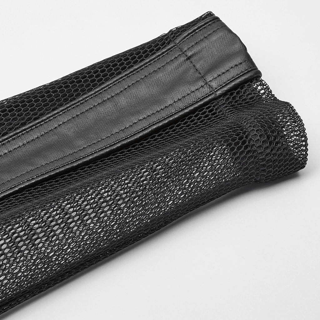 Close-up of urban gothic mesh and leather fabric, showcasing unique textures for a punk-inspired hoodie.