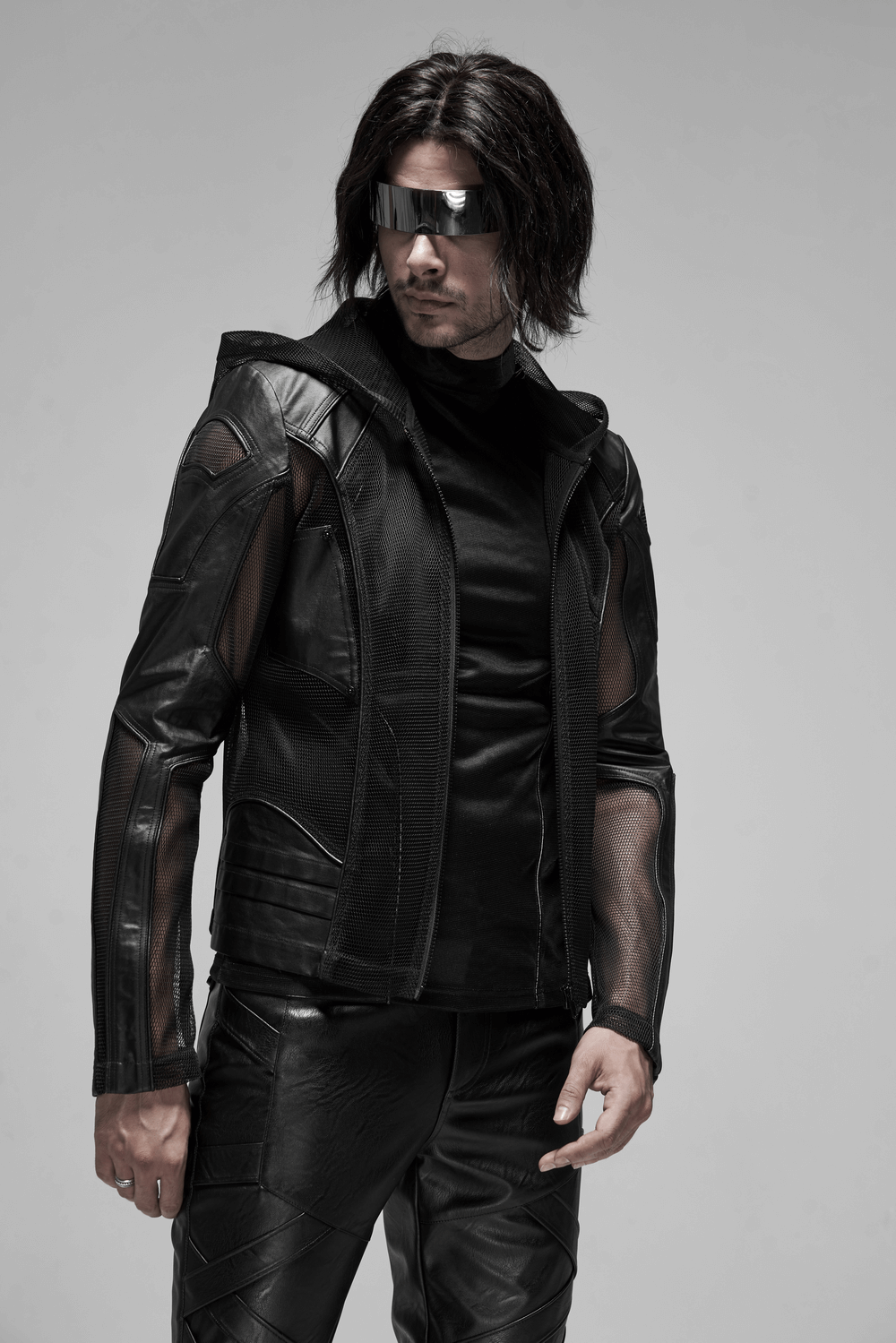 Urban Gothic Mesh Leather Zip Hoodie for Men with a striking design and futuristic vibe.