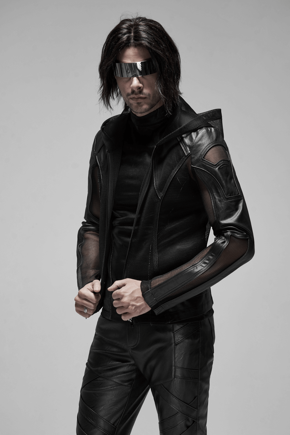 Urban Gothic Mesh Leather Zip Hoodie for Men, showcasing avant-garde punk style with mesh and leather accents.
