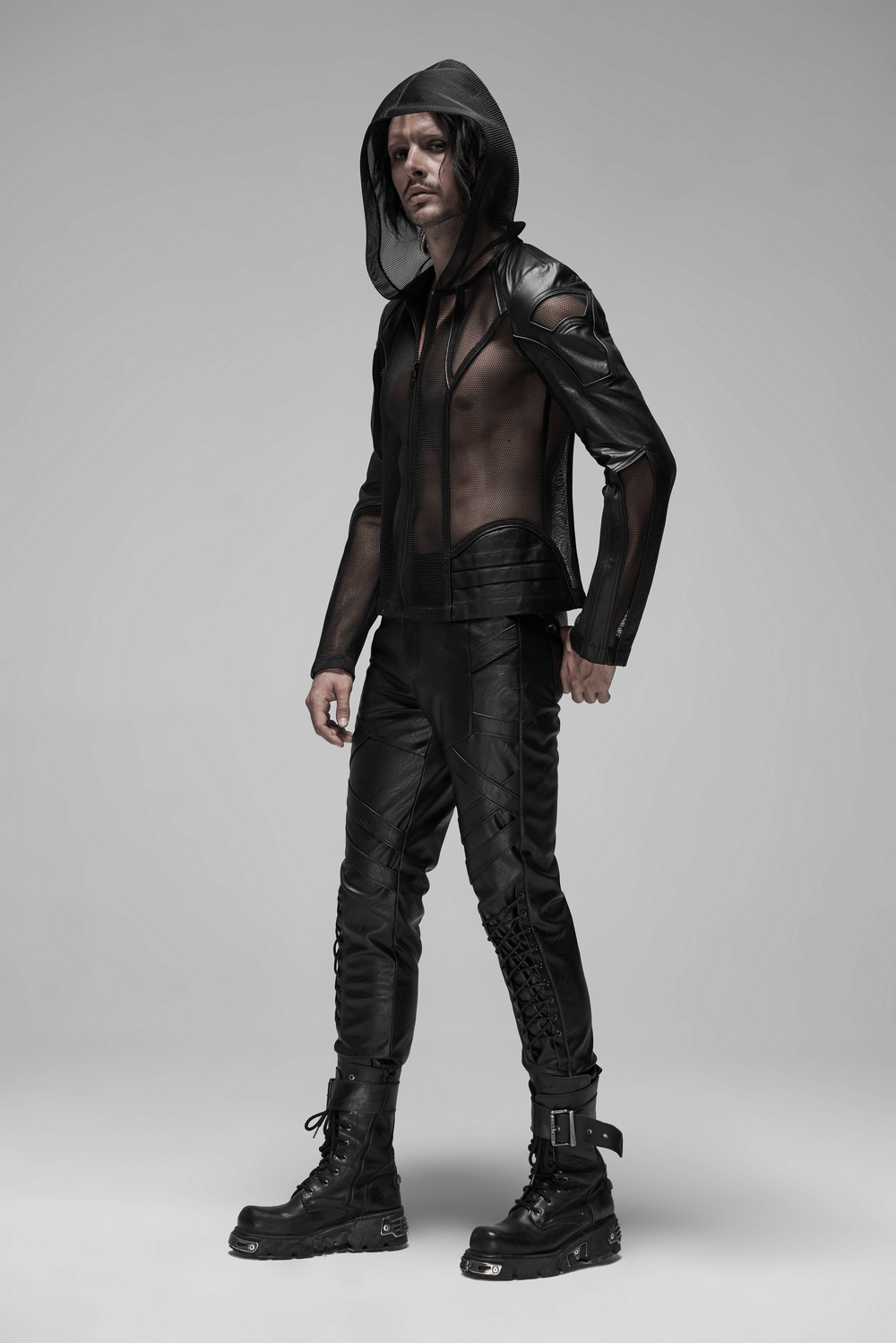 Urban Gothic mesh leather zip hoodie for men, showcasing avant-garde punk style and striking urban fashion.
