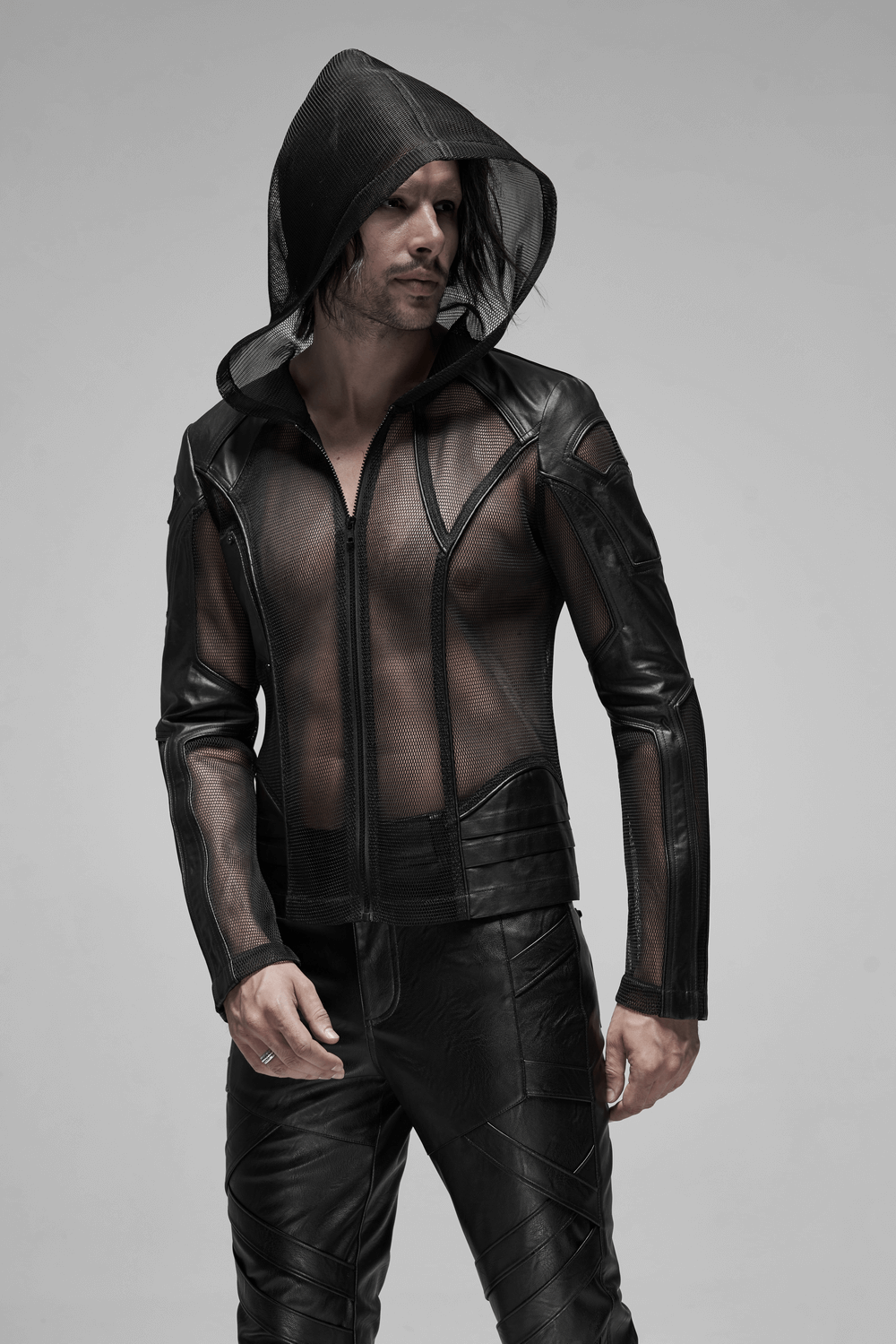 Urban Gothic Mesh Leather Zip Hoodie for Men - HARD'N'HEAVY