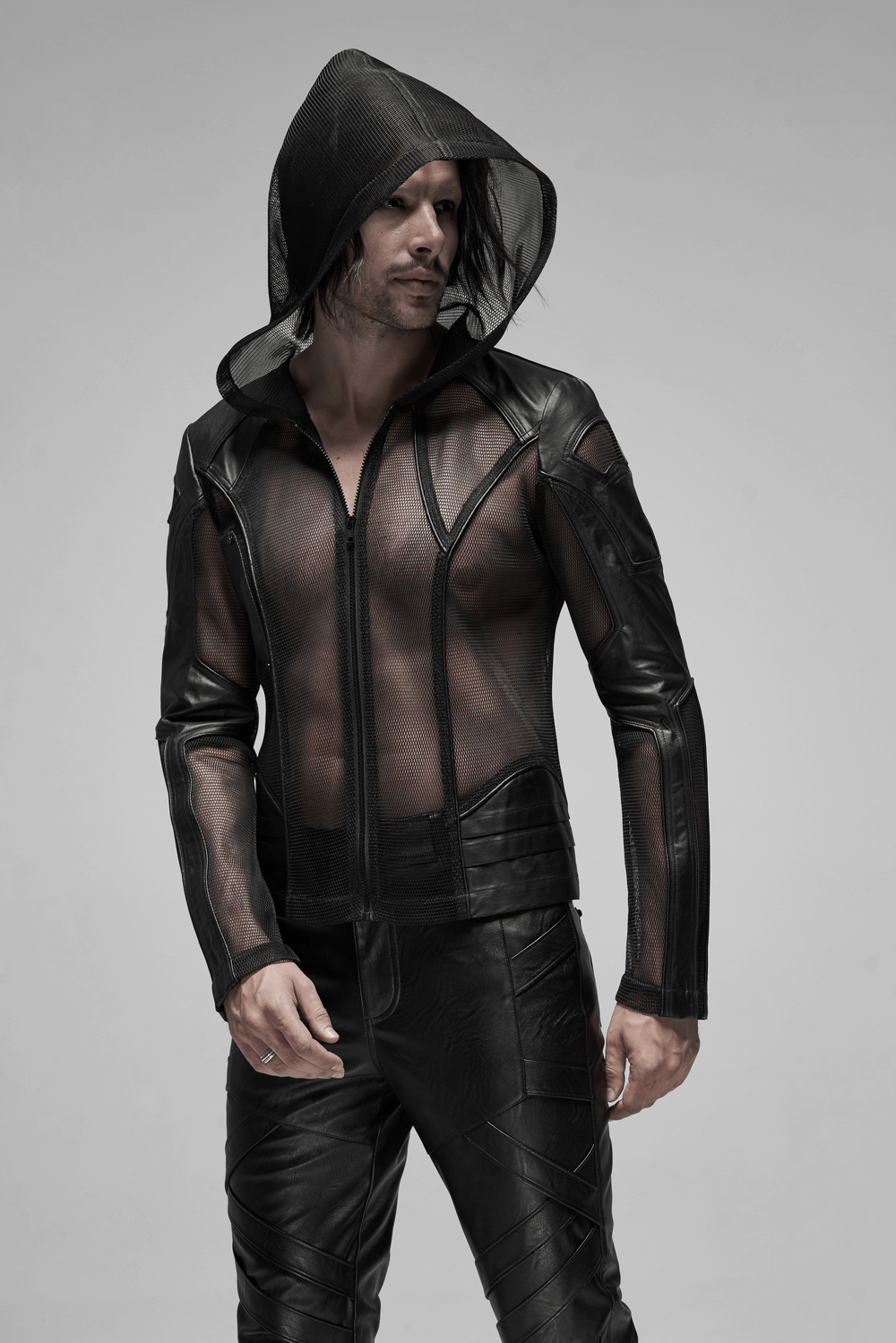 Urban Gothic punk mesh leather zip hoodie for men, featuring a striking design with a hood and zip front.