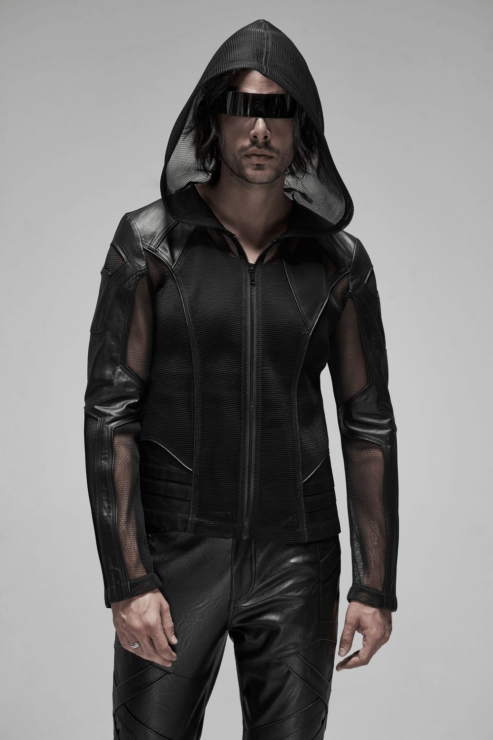 Urban Gothic Mesh Leather Zip Hoodie for Men, featuring a striking design with mesh and leather accents.