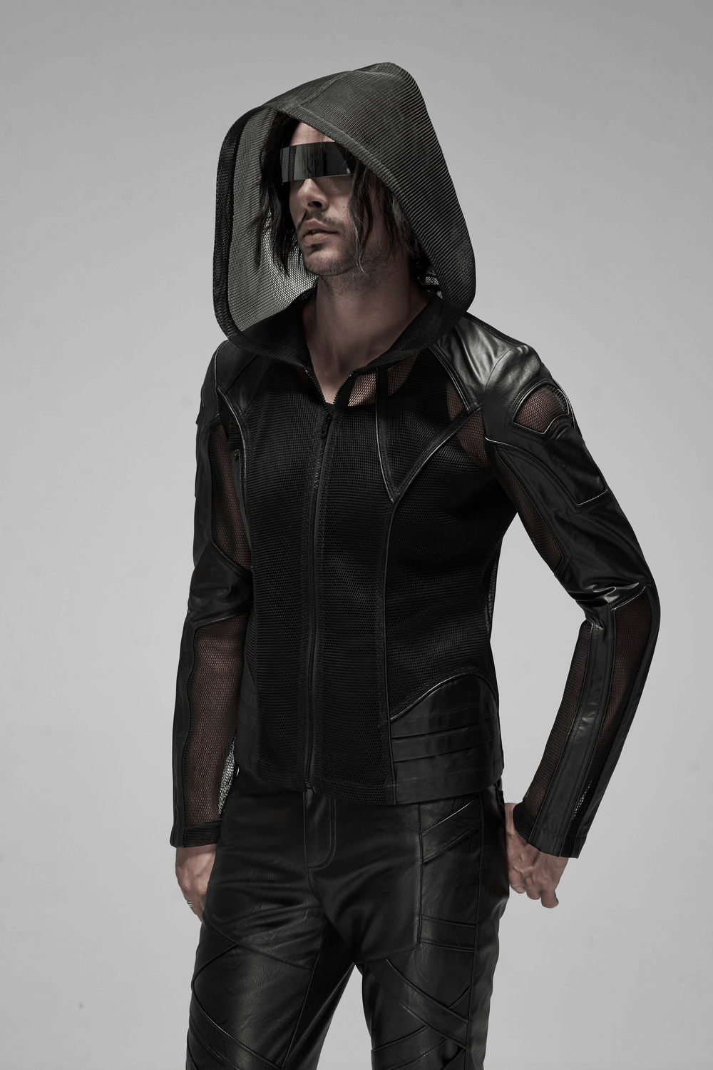 Urban Gothic Mesh Leather Zip Hoodie for Men, showcasing a modern punk style with striking leather accents.