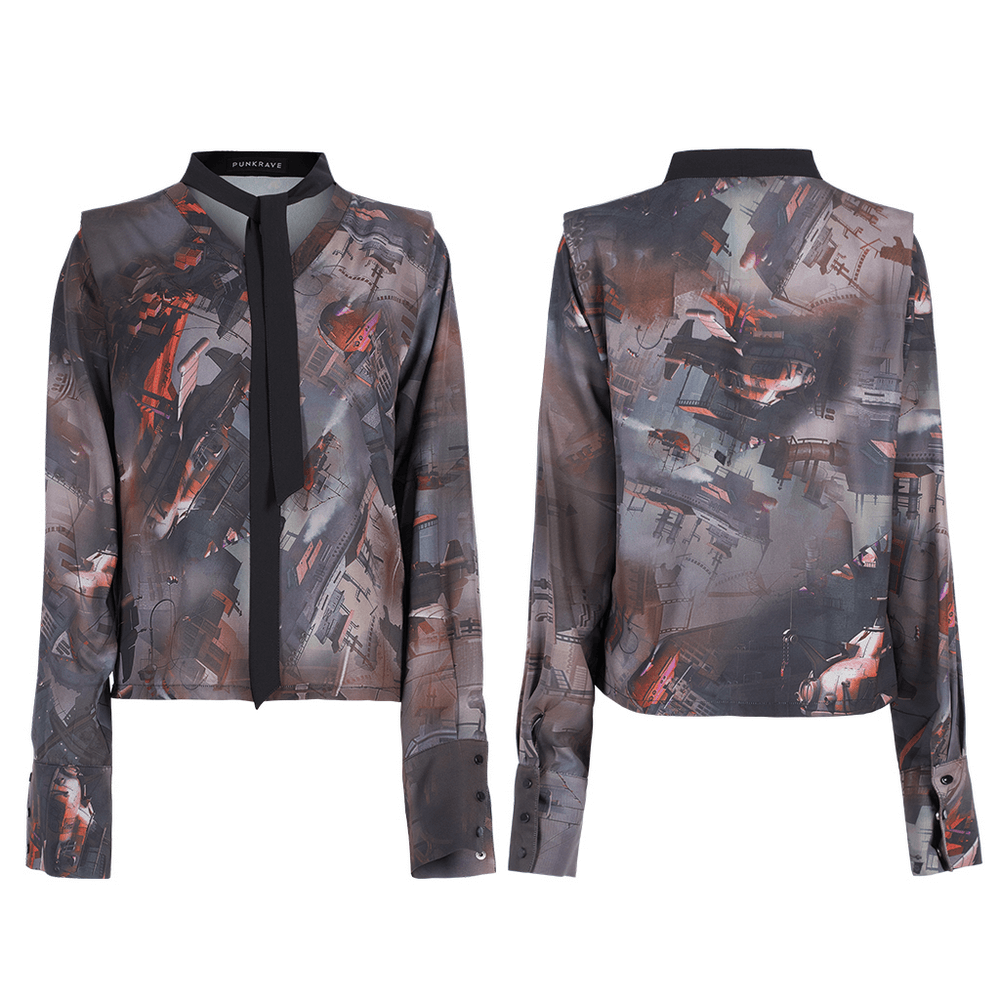 Urban Graphic V-Neck Blouse with Doomsday Print