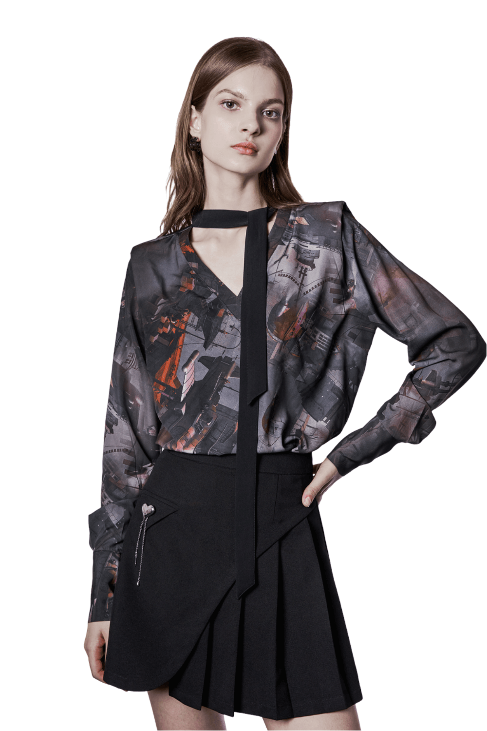 Urban Graphic V-Neck Blouse with Doomsday Print