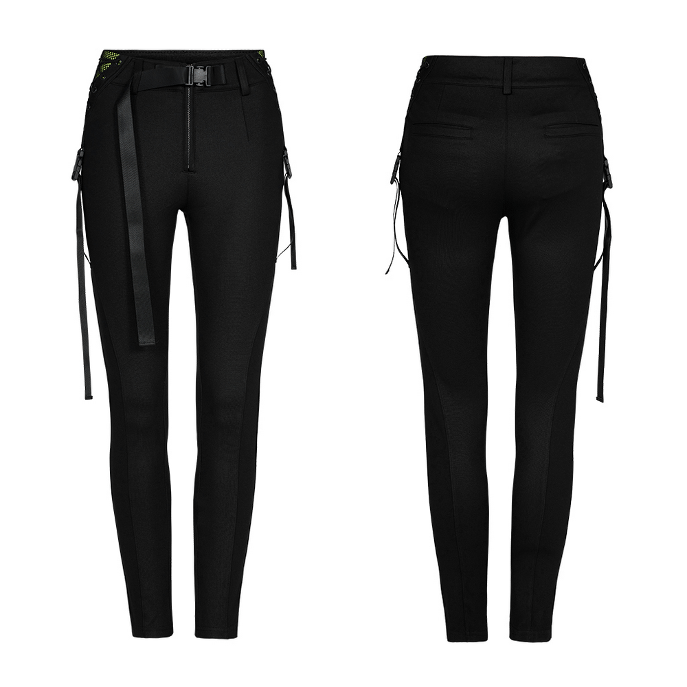 Urban punk black leggings with zip and bandage details, featuring a webbing belt for customizable fit and eye-catching design.