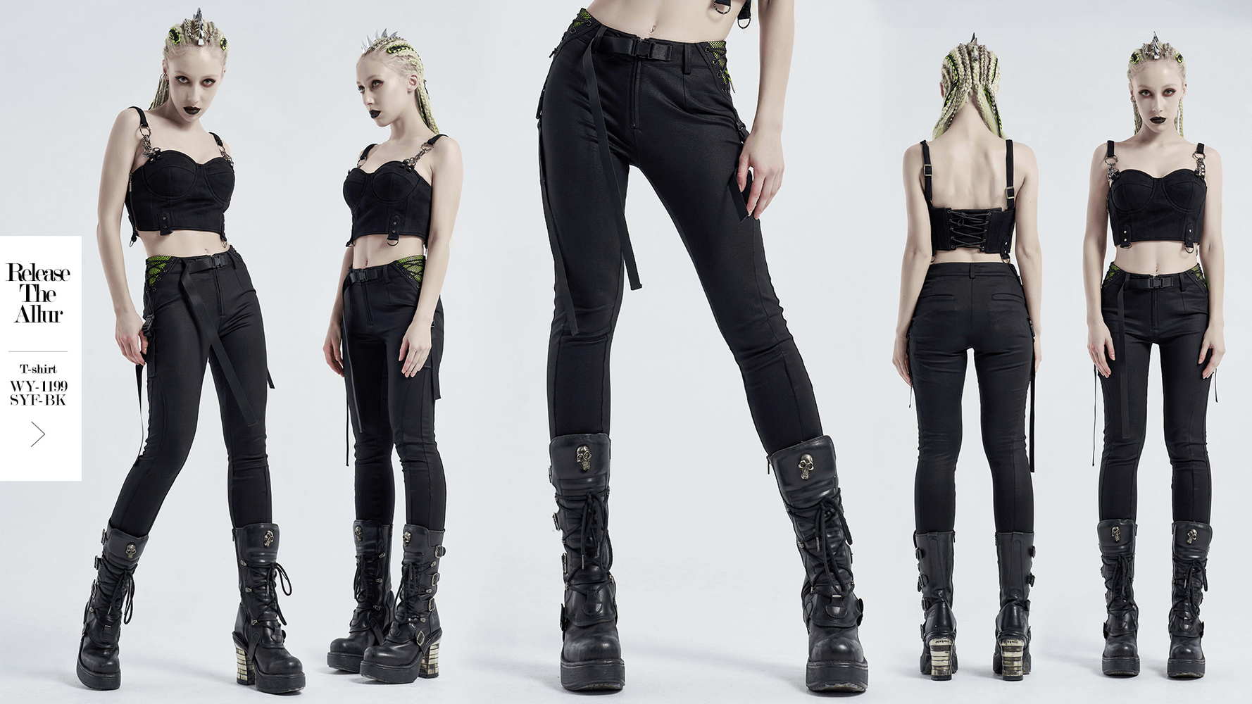 Urban punk black zippered leggings with bandage detailing, paired with a stylish cropped top and bold platform boots.