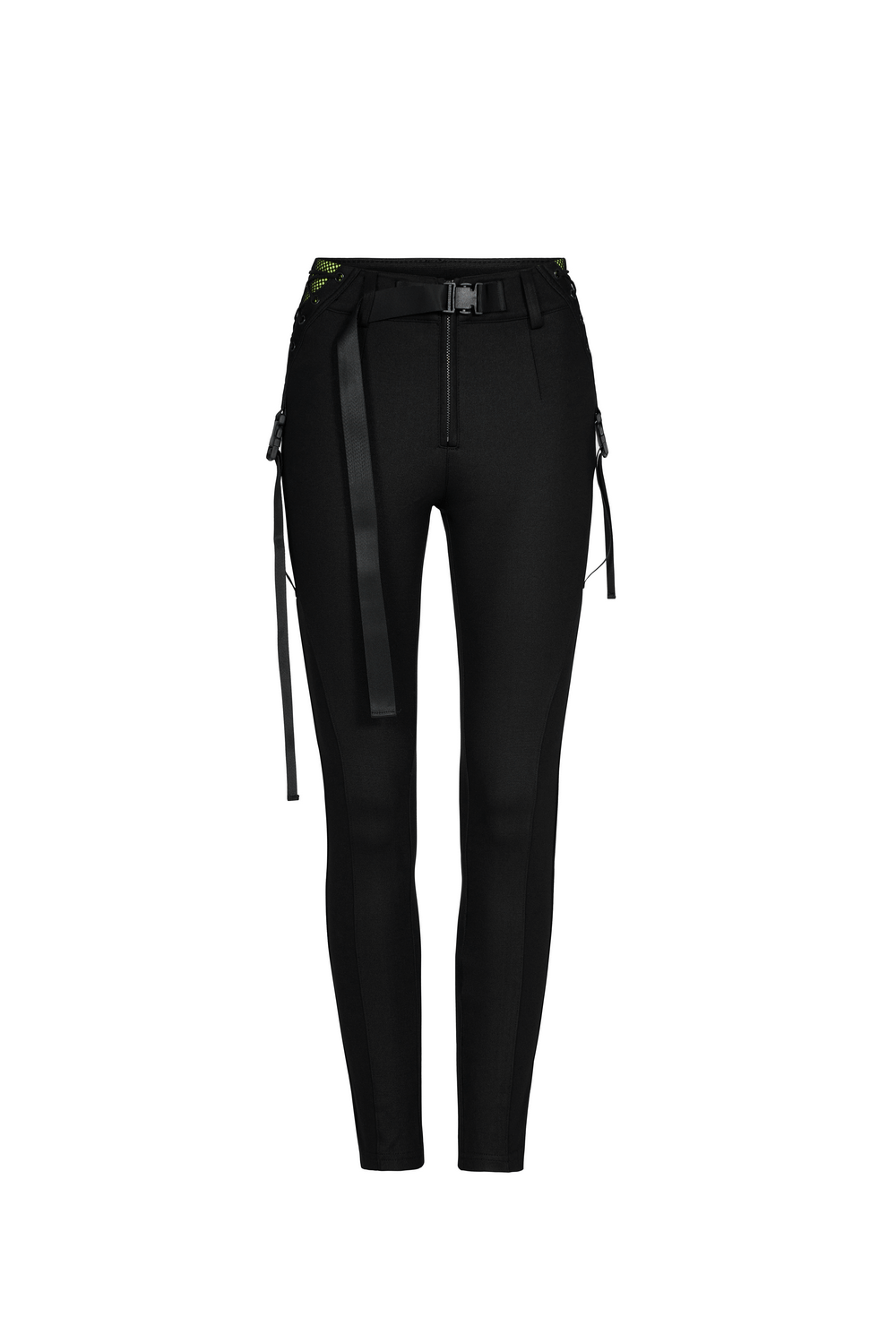 Urban Punk black leggings with zip and bandage detail, featuring a webbing belt and bold fluorescent accents.