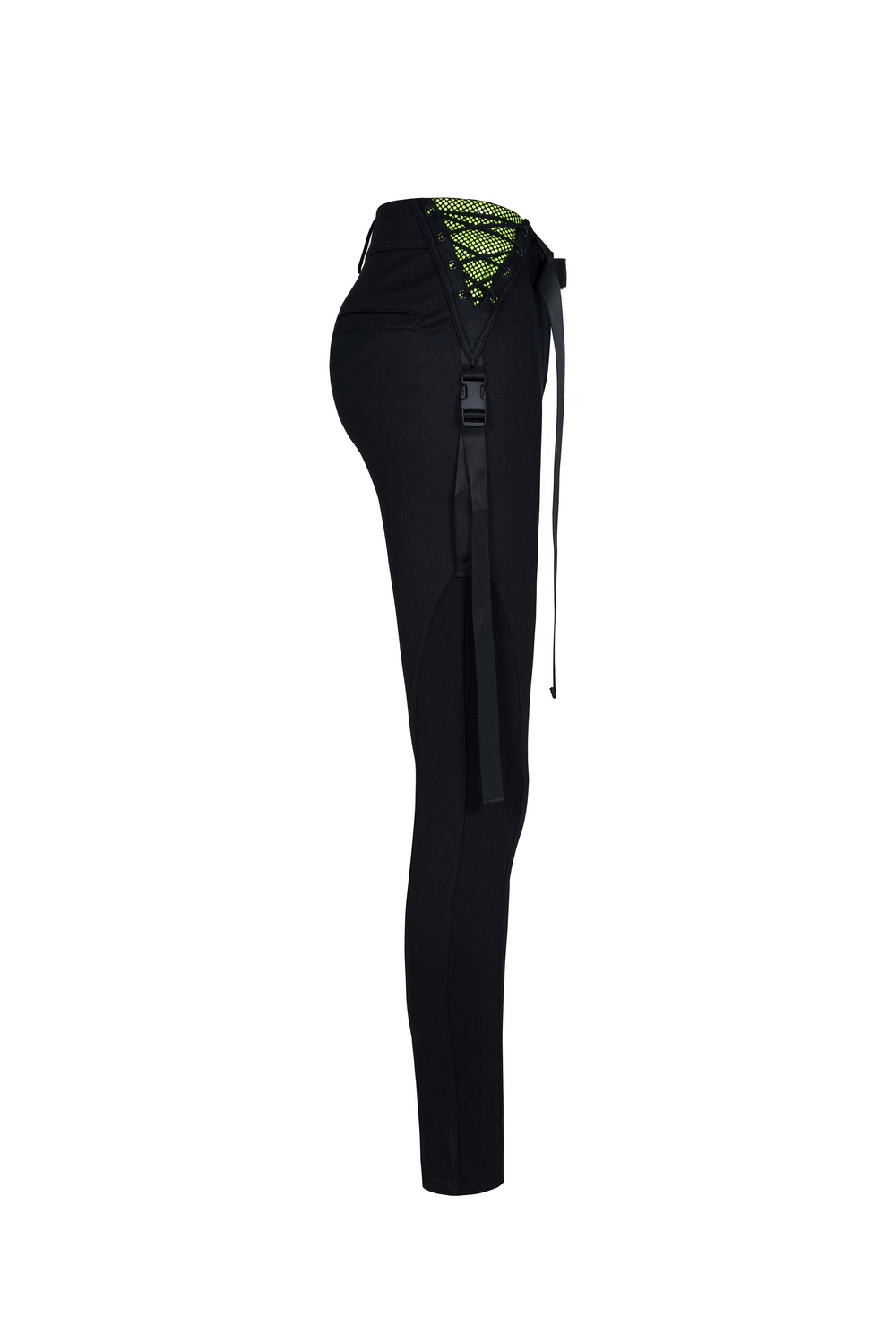 Urban Punk black leggings featuring zip and bandage detail, with a fluorescent green accent for a bold, edgy look.