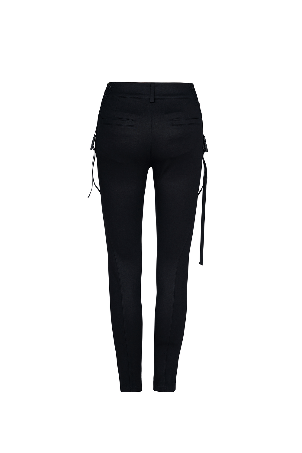 Back view of Urban Punk Black Leggings with zip and bandage details, showcasing sleek design and adjustable webbing belt.