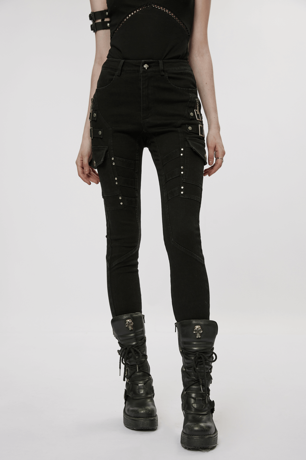 Urban Punk zippered skinny jeans with utility loops, featuring thigh zippers and a stylish, edgy silhouette.