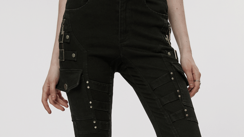 Urban Punk zippered skinny jeans featuring utility loops and striking thigh zip detail in washed denim.