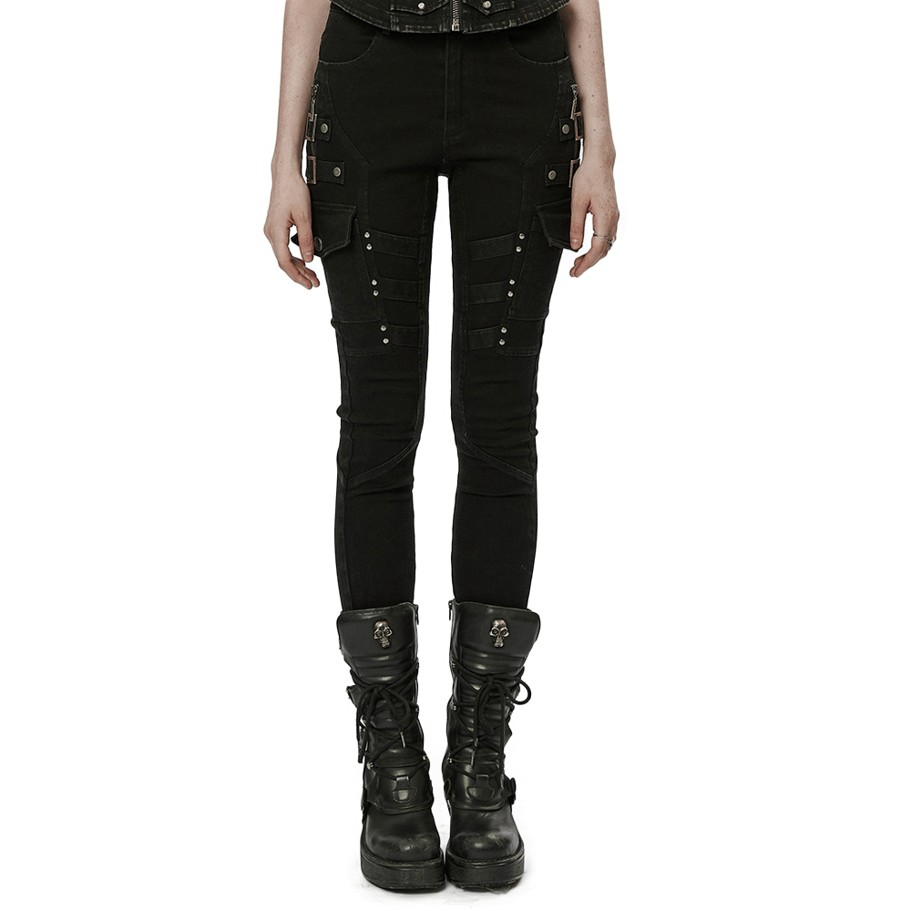 Urban Punk Zippered Skinny Jeans with utility loops and thigh zip detail for a bold, edgy look.