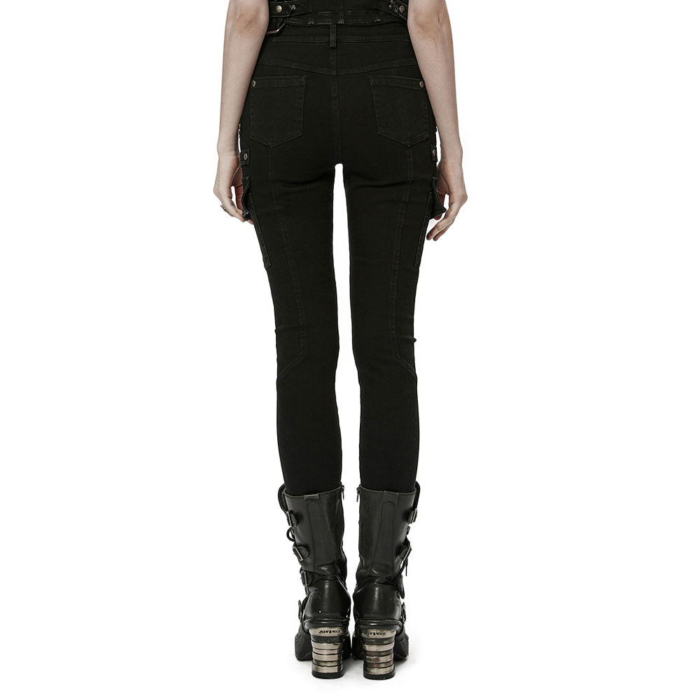 Back view of Urban Punk Zippered Skinny Jeans with Utility Loops highlights sleek design and thigh zippers.