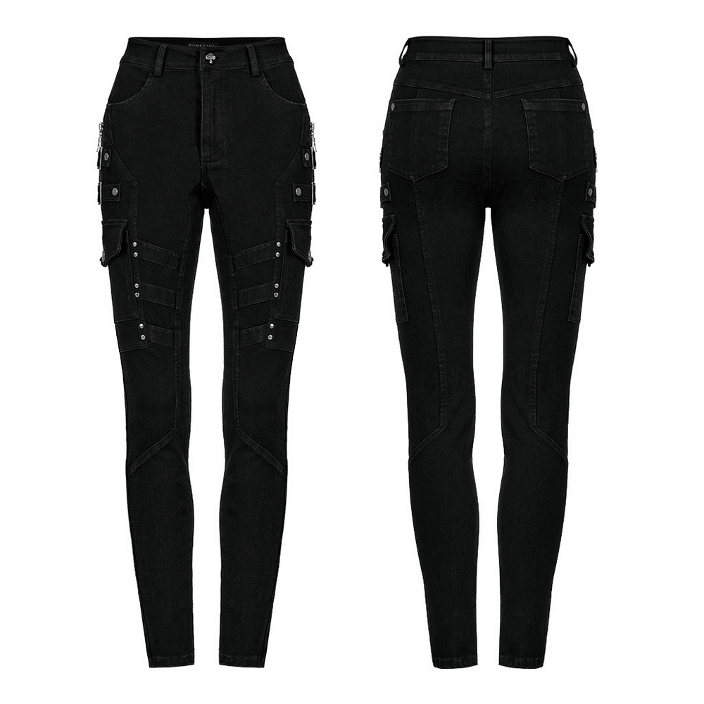 Urban punk zippered skinny jeans featuring utility loops and thigh zip details for edgy style.