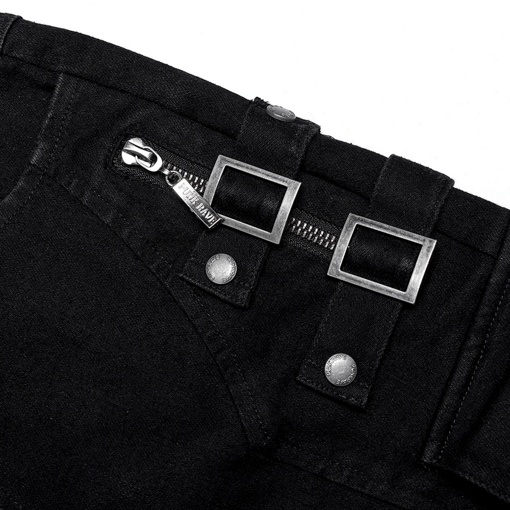 Close-up of Urban Punk Zippered Skinny Jeans featuring stylish zip detail and utility loops in black denim.
