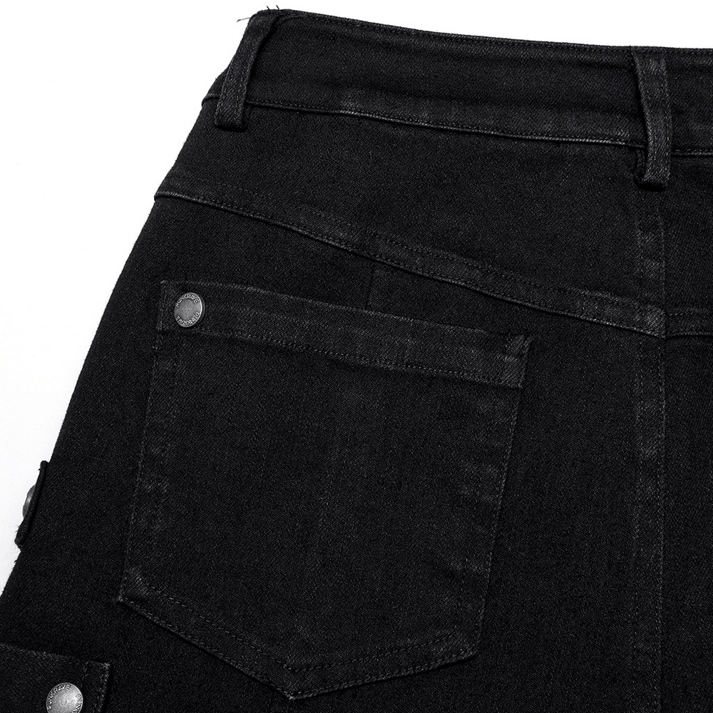 Close-up of Urban Punk zippered skinny jeans showcasing black denim fabric and stylish back pocket detail.