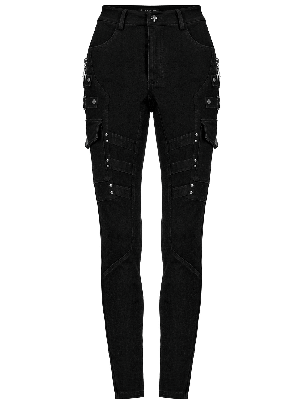 Urban Punk zippered skinny jeans with utility loops and thigh zip details, crafted from washed elastic denim.