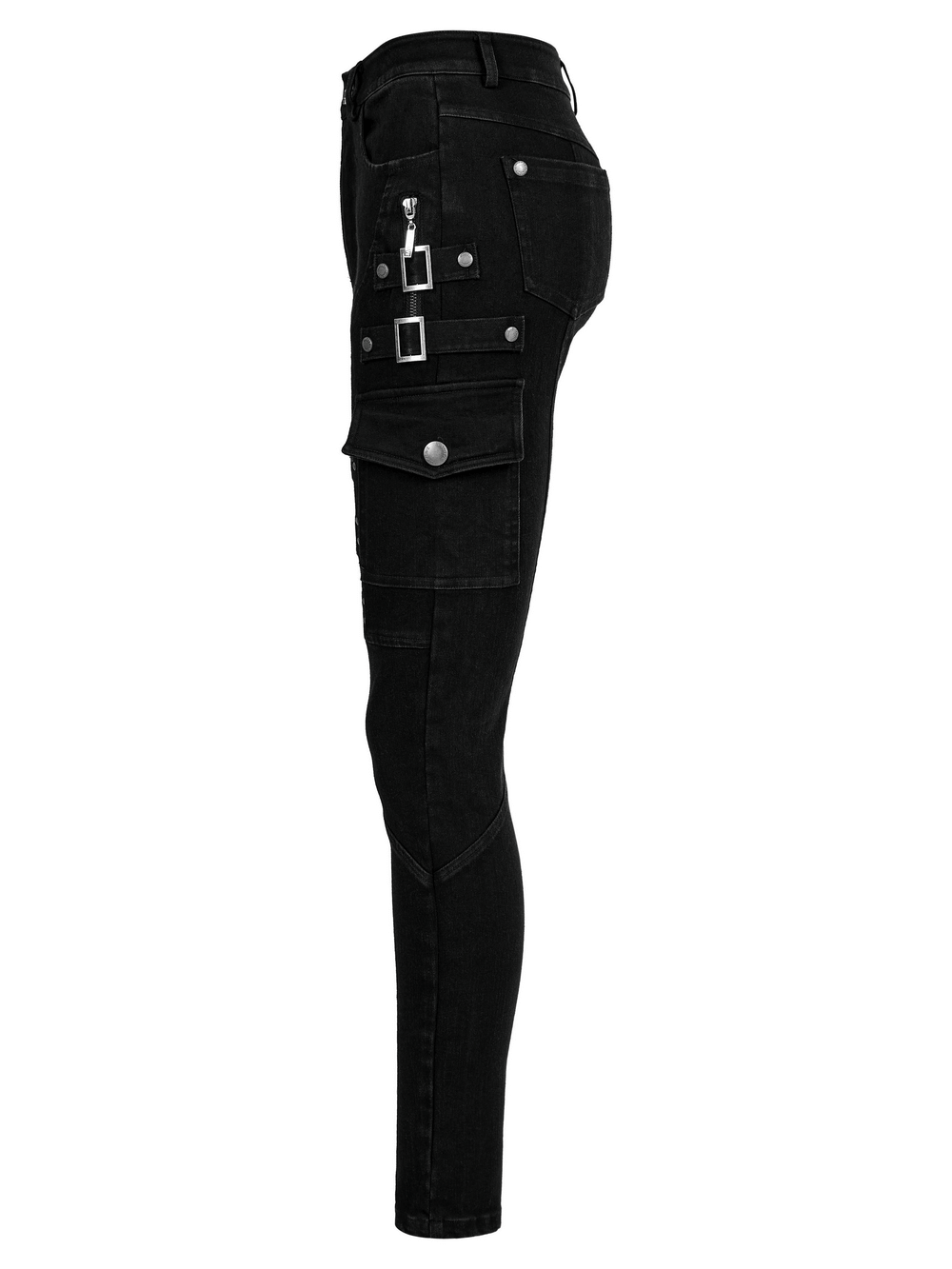Side view of Urban Punk Zippered Skinny Jeans with utility loops and thigh zip detail for a stylish punk look.