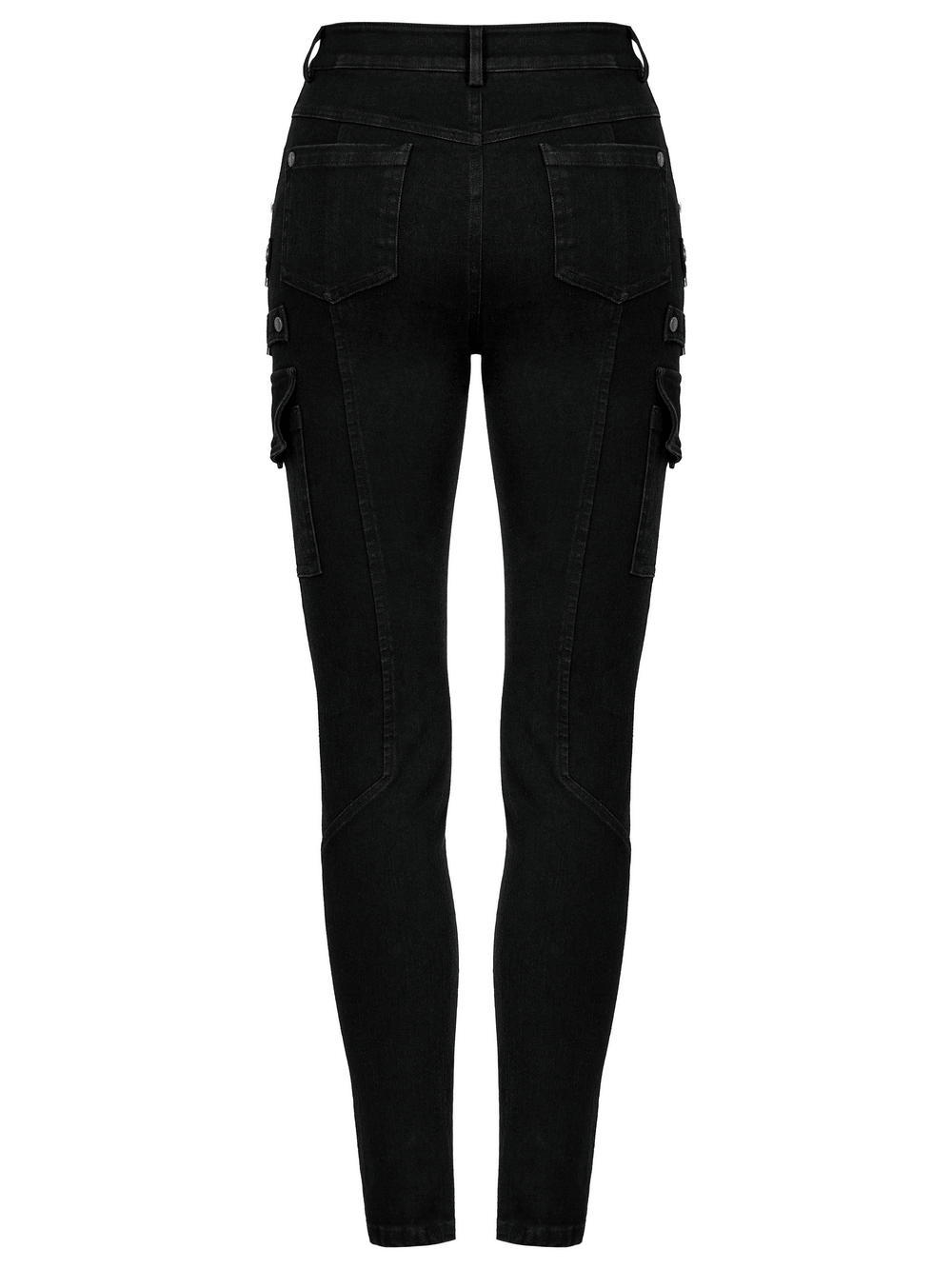 Back view of Urban Punk Zippered Skinny Jeans with utility loops, showcasing sleek black denim design.