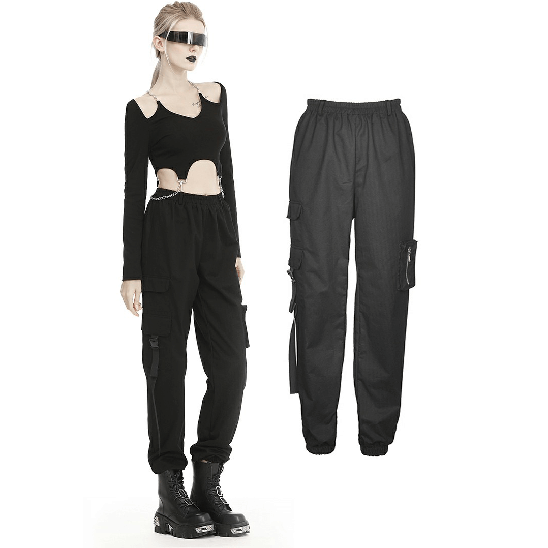 Trendy urban black cargo pants with spacious pockets and adjustable drawstrings, styled with a chic cropped top.