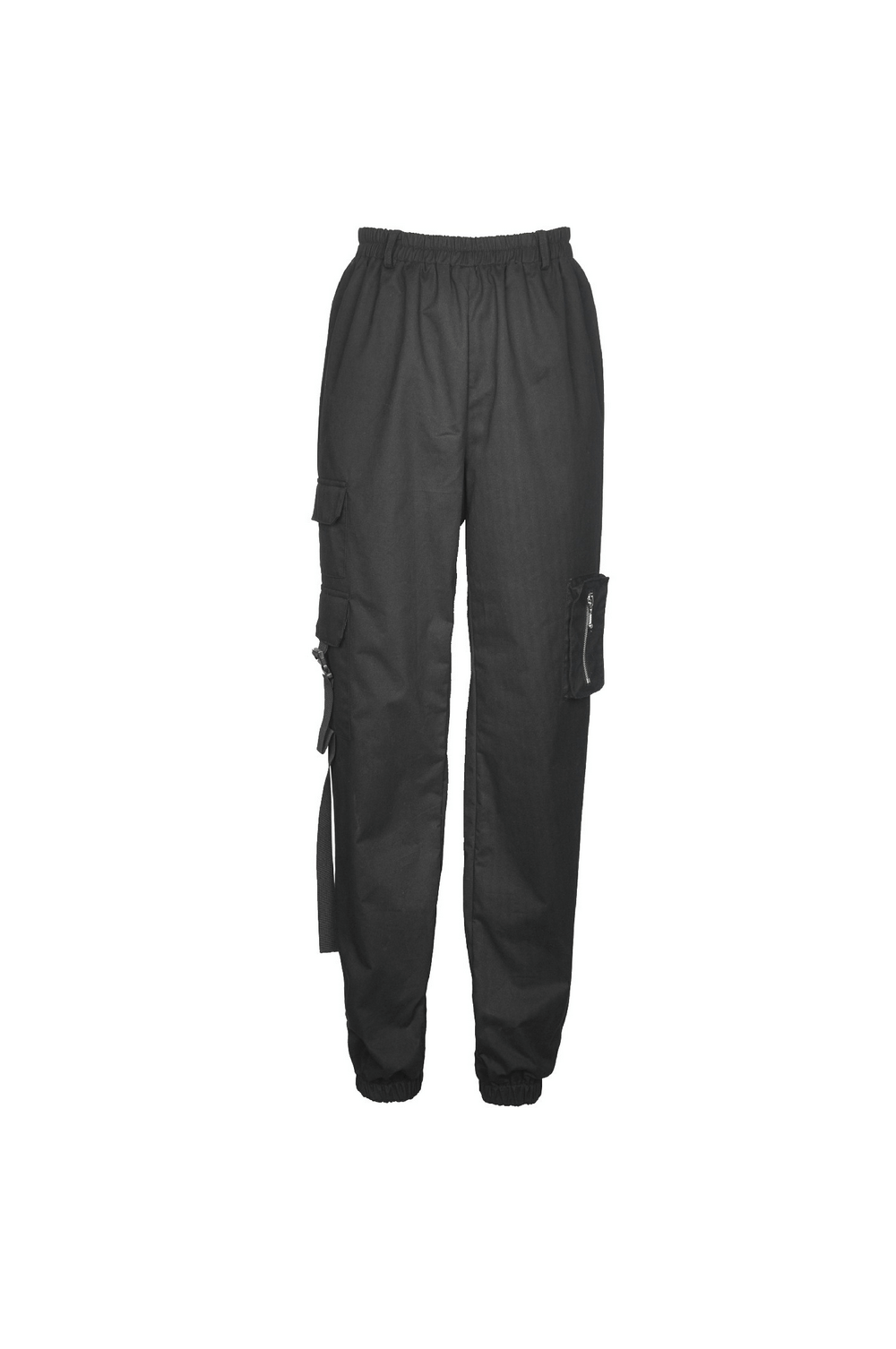 Urban-style black cargo pants with adjustable drawstrings and spacious pockets for ultimate functionality.