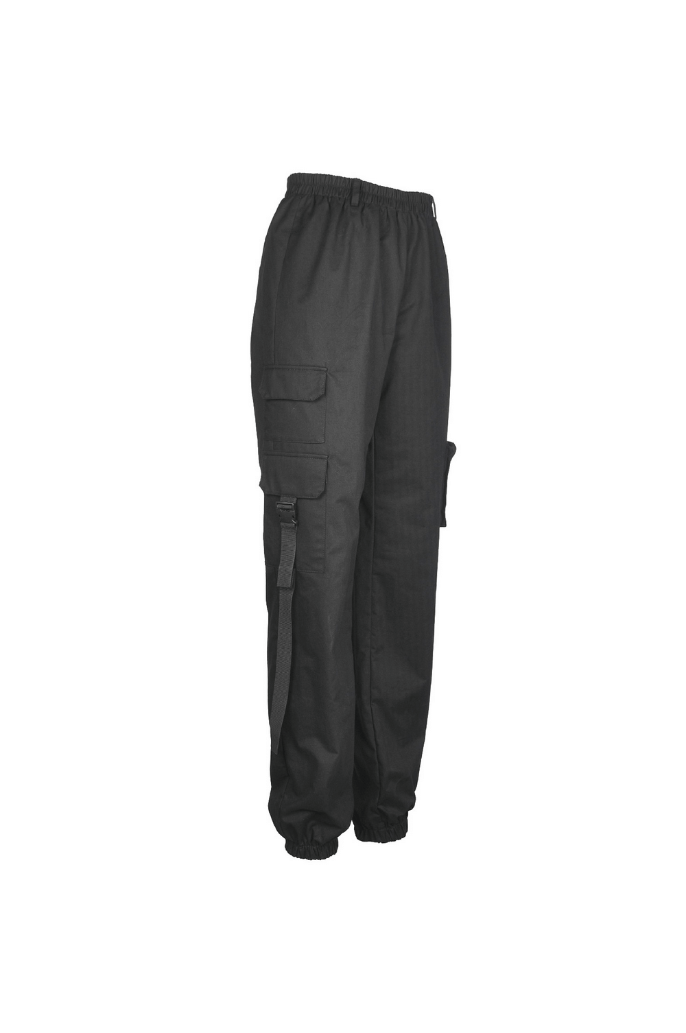 Urban-style black cargo pants with spacious pockets and adjustable drawstrings for ultimate comfort and functionality.