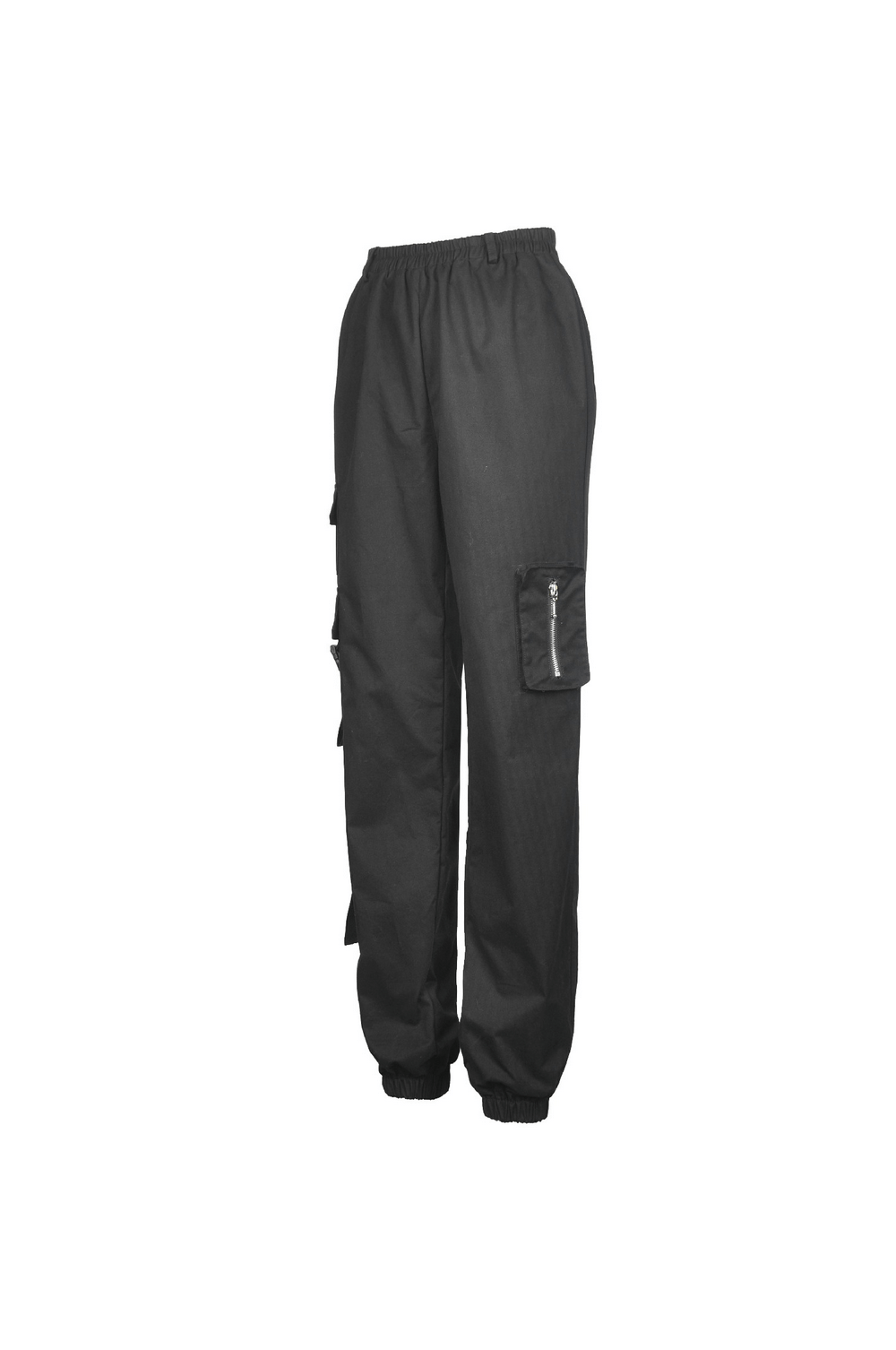 Urban-style black cargo pants with spacious pockets and adjustable drawstrings for a trendy look.
