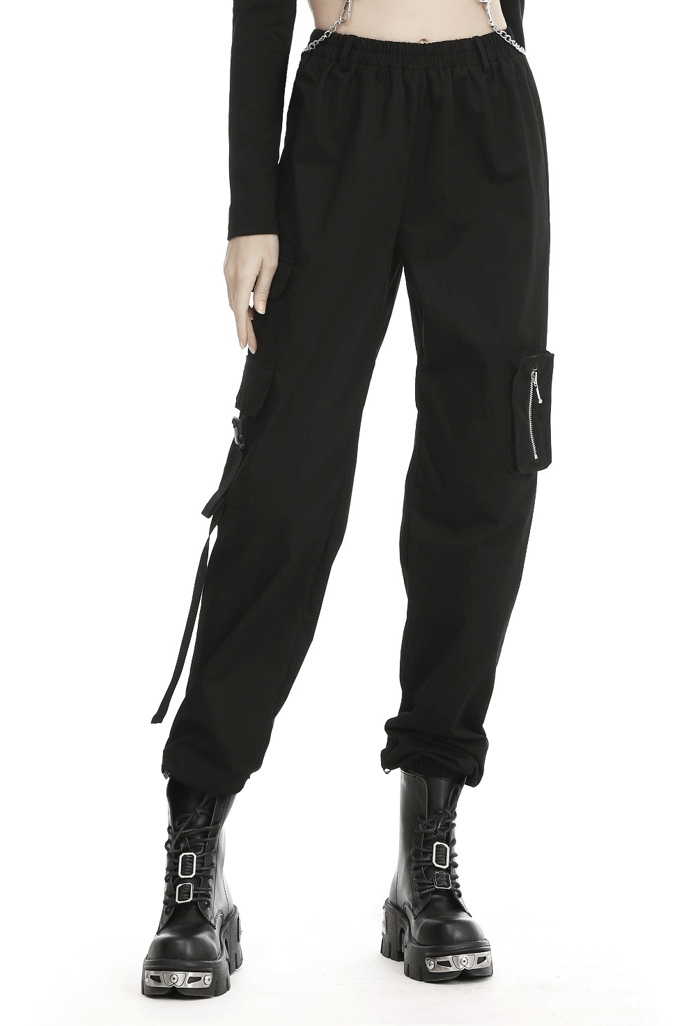 Fashion-forward black cargo pants with spacious pockets and adjustable drawstrings, perfect for a trendy urban look.