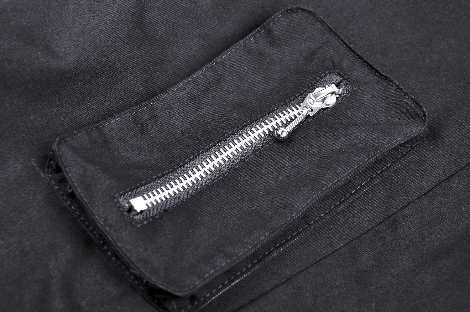 Close-up of a black cargo pocket with zipper detail, showcasing style and functionality in urban fashion.